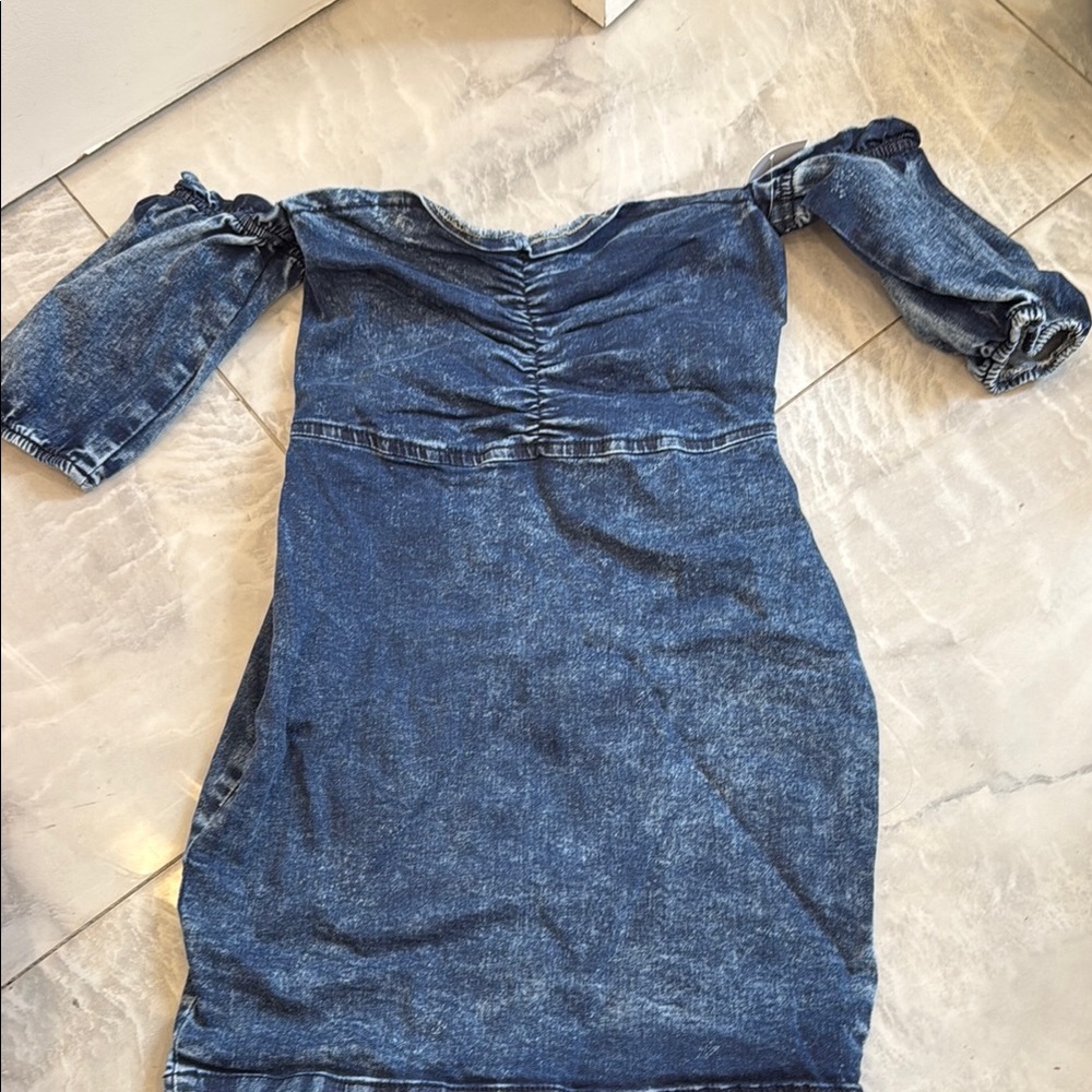 Parisian Works Blue Off-Shoulder Puff Sleeve Mini Dress